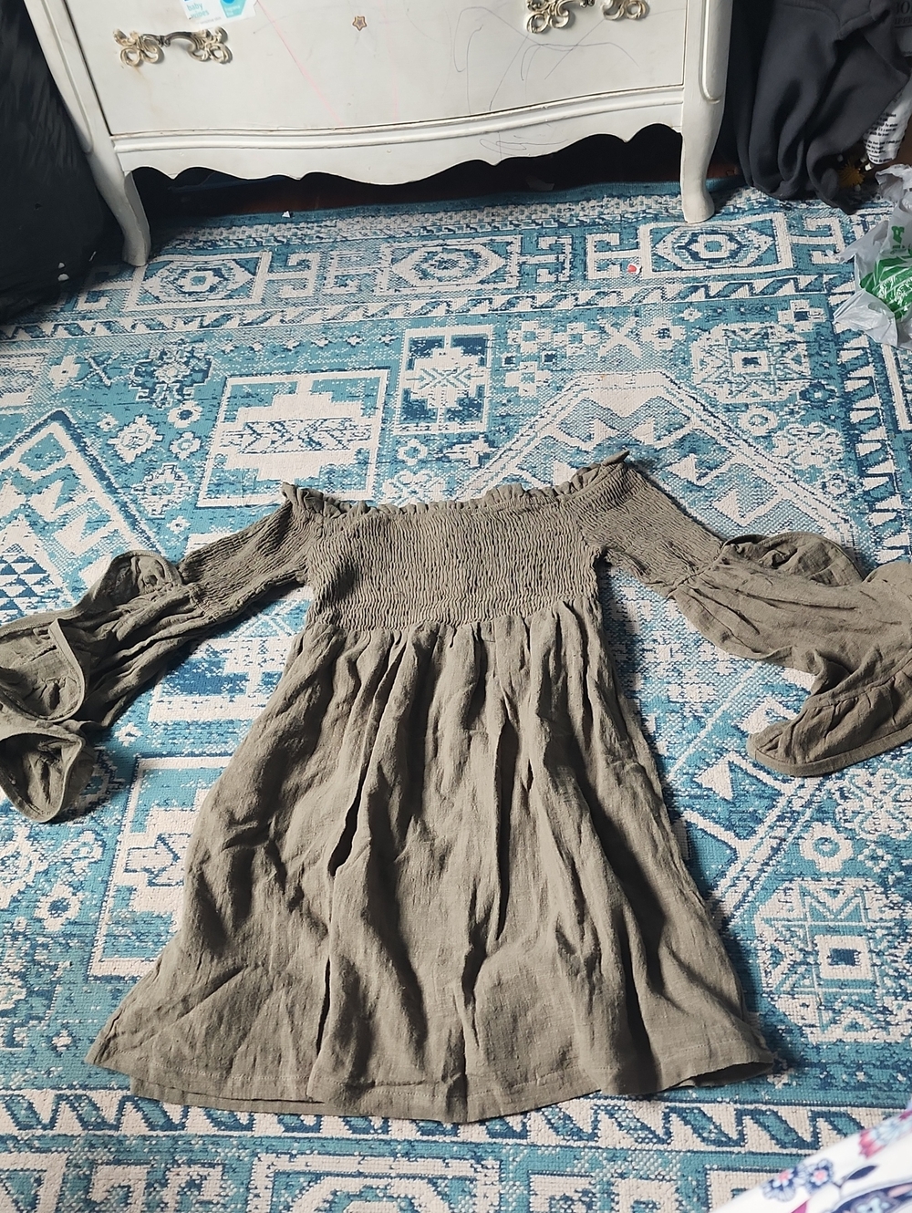Off-Shoulder Smocked Long Sleeve Dress - Olive